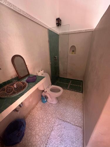 马拉喀什娜雅庭院旅馆的一间带粉红色卫生间和盥洗盆的浴室