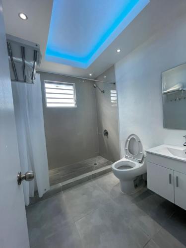 圣胡安1058 Modern Hotel的一间带卫生间和蓝色天花板的浴室