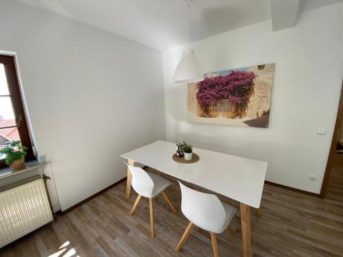 魏尔堡Weilburg-Domizil的客房内的白色桌椅