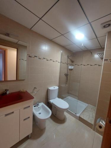 迈阿密普拉特亚Apartamento en Miami Platja - Tarragona的浴室配有卫生间、淋浴和盥洗盆。