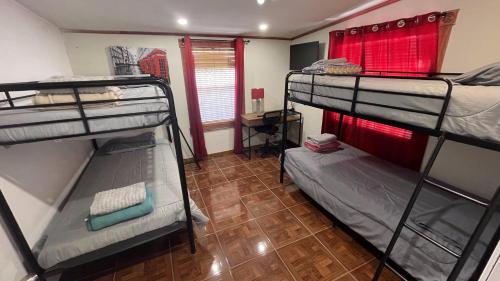 布朗斯维尔Alojamiento Los Andes的客房设有三张双层床,铺有木地板。