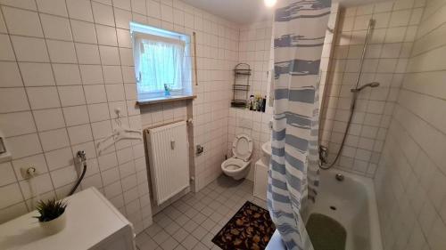 慕尼黑Akropolitan Schönes Zimmer in einer Wohnung mit eigenem großen Garten的浴室配有卫生间、盥洗盆和淋浴。