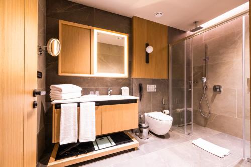 伊斯坦布尔Avrupa Residence Suites的一间带水槽、卫生间和淋浴的浴室