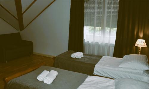 Hotel Gość w dom的酒店客房设有两张床和窗户。