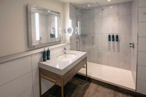 泰姆DoubleTree by Hilton Oxford Belfry的一间带水槽和淋浴的浴室