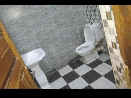 阿斯旺Labib Guest House的一间带卫生间的浴室和瓷砖地板。
