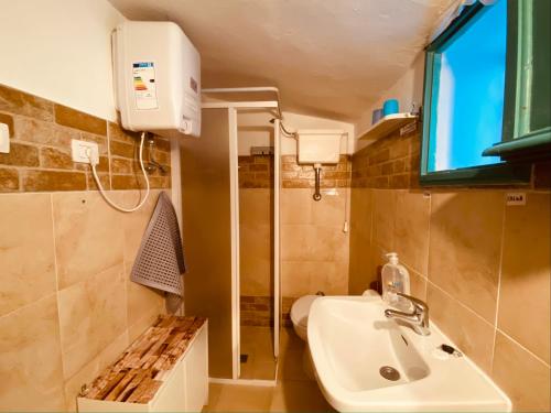 卡洛福泰Guest House Calalunga Scogliera的一间带水槽和淋浴的小浴室