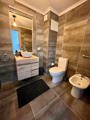 埃里塞拉Ribeira DIlhas Beach Apartment的一间带卫生间、水槽和镜子的浴室