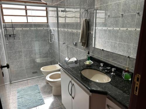 阿瓜斯迪林多亚Lindo apartamento no centro de Águas de Lindóia的一间带水槽、卫生间和淋浴的浴室
