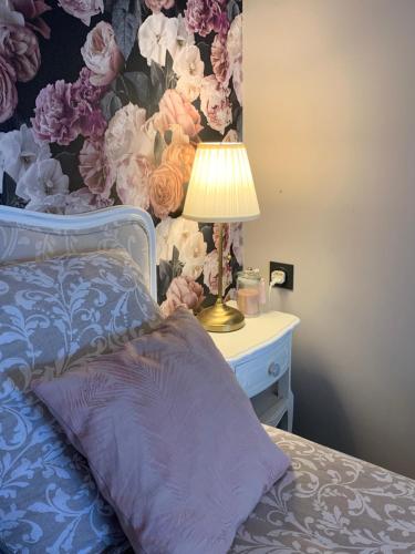 Anita的一间卧室配有一张带灯和花壁纸的床