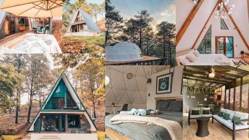 Tiny Pines A-Frame Cabin, Domes and Luxury Glamping Site的三角屋照片的拼贴