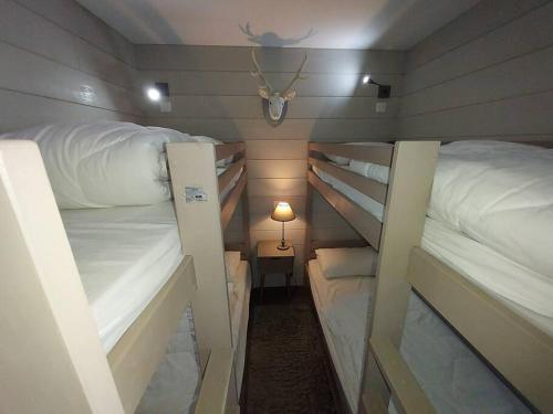 La Plagne TarentaiseBELLE PLAGNE - Appartement 6 personnes sur les pistes的小房间设有两张双层床和一盏灯。
