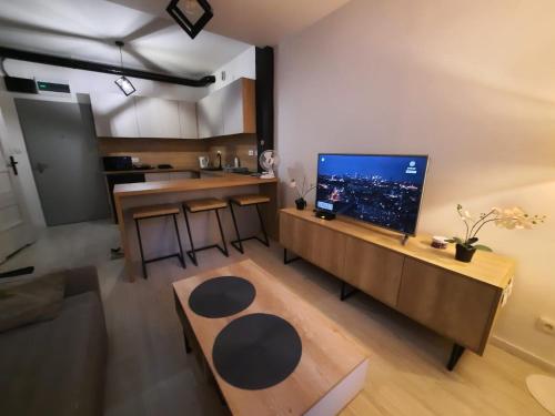 斯诺科Aparthouse Zegrze的客厅配有沙发和带电视的桌子