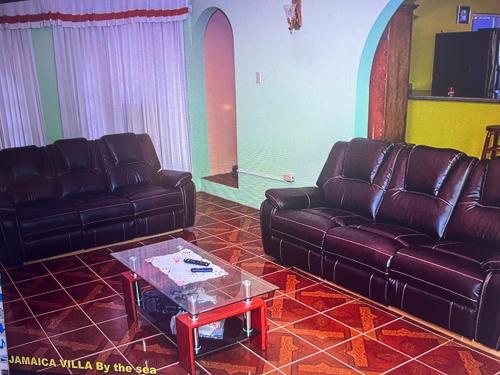 圣玛丽Jamaica Villa By The Sea的客厅配有两张真皮沙发和一张茶几