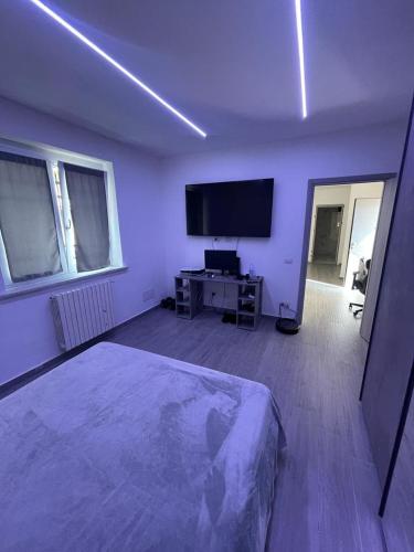 托尔托纳Appartamento Tortona的一间卧室配有一张床和一台平面电视