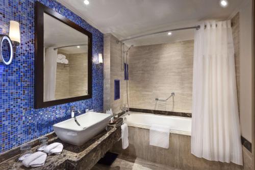 阿布达巴希尔顿马萨阿拉姆努比亚度假村的一间带水槽、浴缸和镜子的浴室