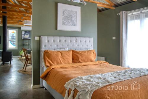 戴尔斯福特Studio on Bridport的一间卧室配有一张带橙色毯子的大床