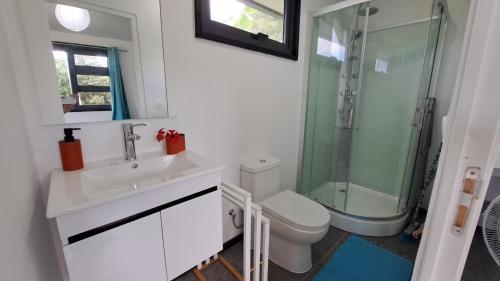 TeahupooTAHITI ITI - Bungalow O Spot Teahupoo的带淋浴、盥洗盆和卫生间的浴室