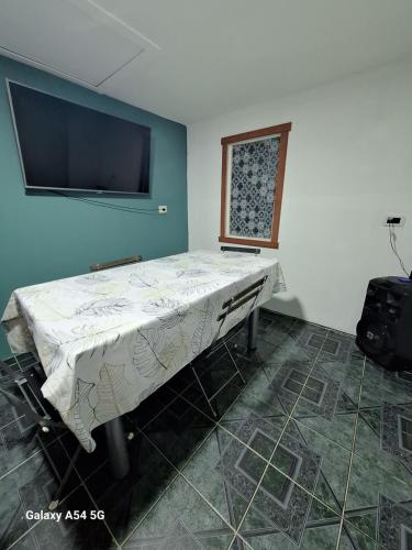 乌斯怀亚cabañas fin del mundo的客房设有一张床和一台平面电视。
