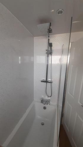 罗塞斯Carvetii - Clark House - Spacious ground floor flat的带淋浴和盥洗盆的白色浴室