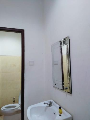 巴厘巴板HER MANDIRI GUEST HOUSE的一间带水槽、镜子和卫生间的浴室