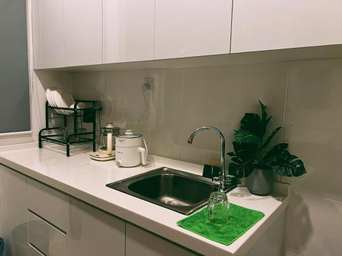 东贡岸Stylish 2 Bedroom Apartment by Thirteen Residence at ITCC Manhattan suites TR09的厨房水槽旁边设有绿色海绵