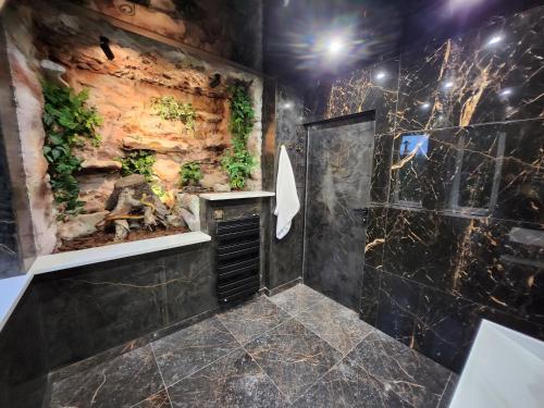 弗罗茨瓦夫HouseCube, Bar , prywatne Kino, Bilard , Luxus的浴室设有黑色瓷砖淋浴。
