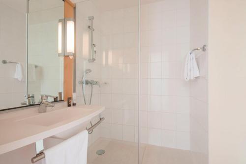 南特宜必思南特中心南车站酒店的一间带水槽和玻璃淋浴的浴室