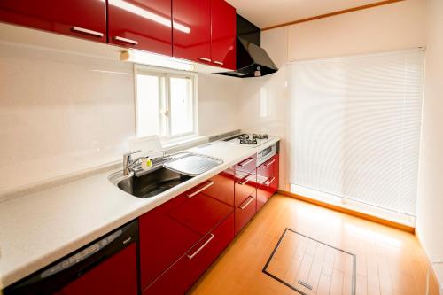 函馆Villa Futaba若松町的一间带红色橱柜和水槽的厨房