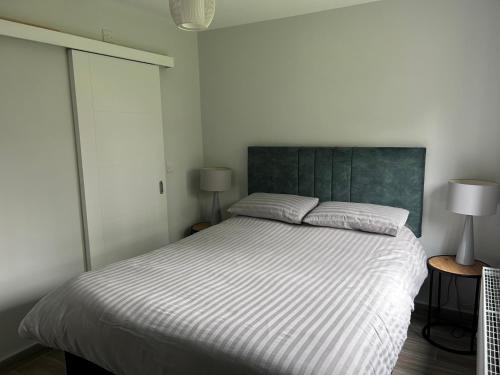 基洛格林Stylish Killorglin Apartment的一间卧室配有一张带两盏灯的大型白色床。