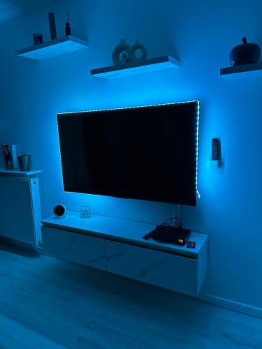 勒布朗-梅尼尔Perle rare « Le Cosy de CDG »的一间位于蓝色房间的客厅,配有电视