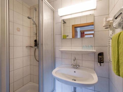 辛特利斯哈斯霍夫泽博斯特酒店的白色的浴室设有水槽和淋浴。
