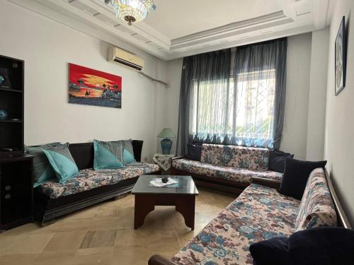 拉马萨Palmeraies vacances Tunis的客厅配有两张沙发和一张咖啡桌