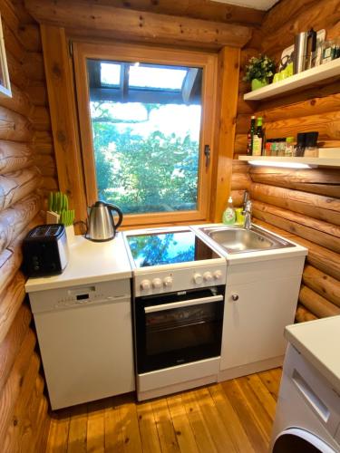 维勒斯威特Eifel-Lounge BLOCKHAUS的厨房配有炉灶、水槽和窗户。