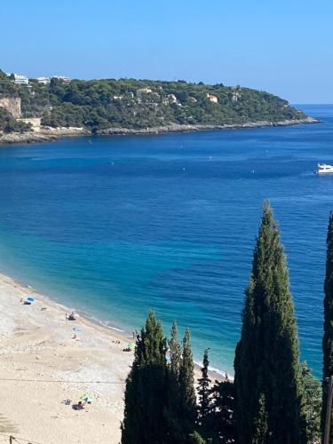 罗克布吕讷-卡普马丹Cap d.Azur的享有海滩美景,在前方种有树木