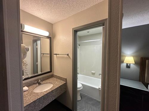 印第安纳波利斯BlissPoint Inn Northwest Indianapolis的一间带水槽、卫生间和镜子的浴室