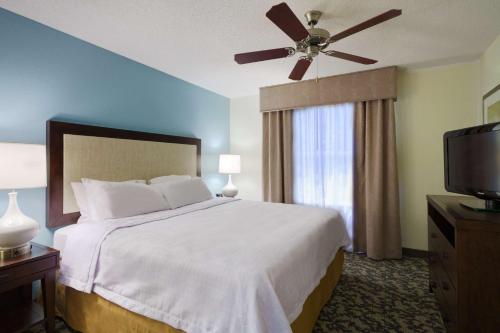 达拉姆希尔顿惠庭套房酒店 -罗利 - 达勒姆机场的一间卧室配有一张带吊扇的床和一台电视。