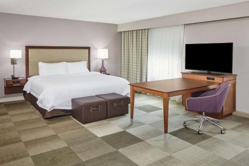 丰迪拉克丰迪拉克汉普顿酒店的酒店客房配有一张床、一张书桌和一台电视。