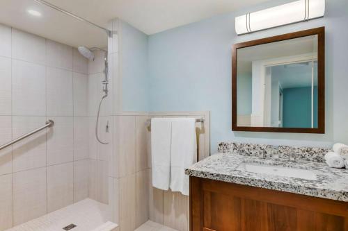 辛普森湾Hilton Vacation Club Royal Palm St Maarten的带淋浴、盥洗盆和镜子的浴室