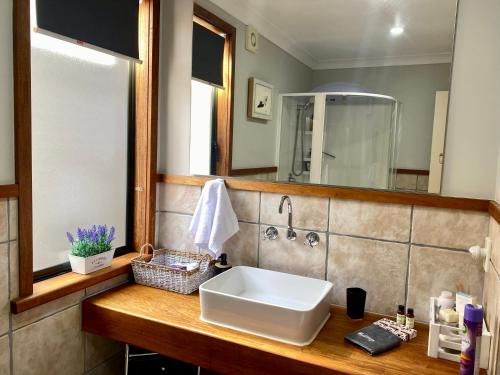 陶波The Nest - Relax & Unwind with Breathtaking Views over Lake Taupo的一间带水槽和镜子的浴室