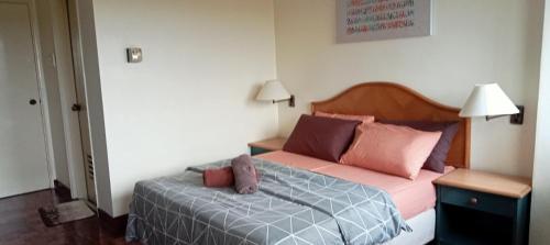 波德申ZNA Prop d Seri Bulan Resort,PD的一间卧室配有一张粉色和灰色床单。