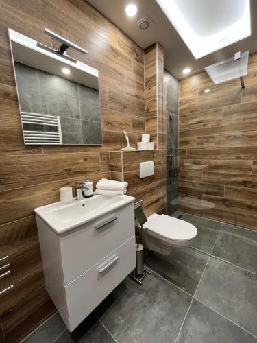 阿贝尔塔米Apartmán Plešivec ALL4FUN u sjezdovky的浴室配有白色水槽和卫生间。