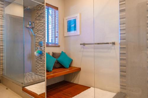 格兰贝伊Beachfront Luxurious Stunning Sunset Boulevard Apartment, Grand Baie的浴室里设有玻璃门淋浴