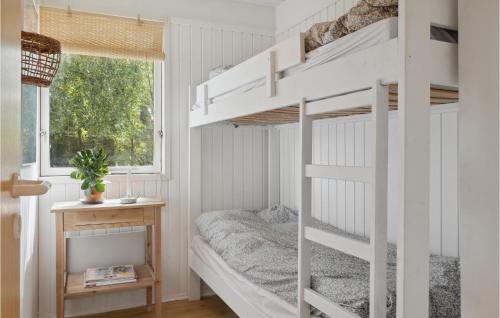 Bogø By3 Bedroom Amazing Home In Bog By的配有窗户的小客房内的一张白色双层床