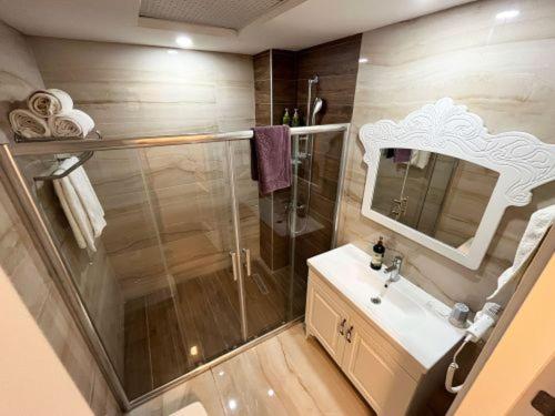 SokakagziAssos Longevity Hotel的带淋浴、盥洗盆和镜子的浴室