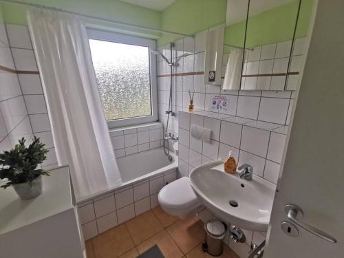 Herscheid1 room Apartment in Herscheid的一间带水槽和卫生间的浴室以及窗户。
