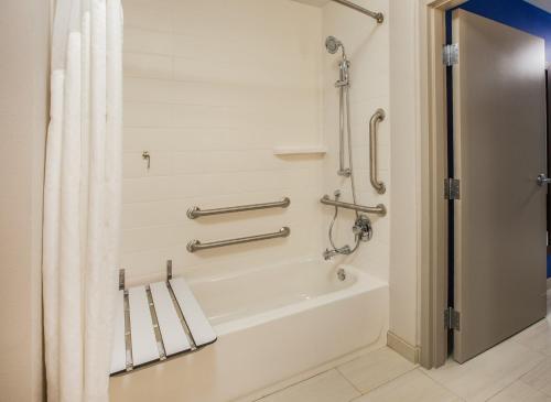 MarinetteHoliday Inn Express & Suites Marinette的浴室配有浴缸和淋浴及浴帘