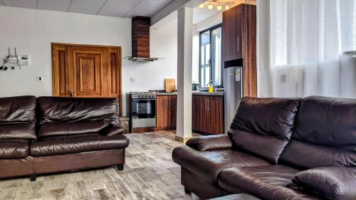 BueaToilcam的一间带两张真皮沙发的客厅和一间厨房