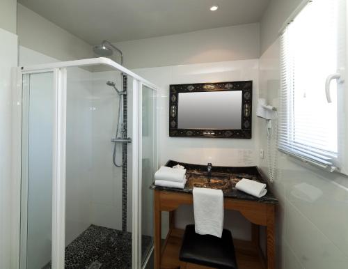 阿尔加约拉圣约瑟夫酒店的带淋浴、盥洗盆和镜子的浴室