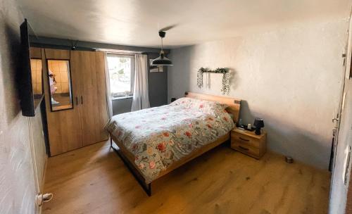 艾瓦耶Le petit Broux的一间卧室配有一张床,铺有木地板